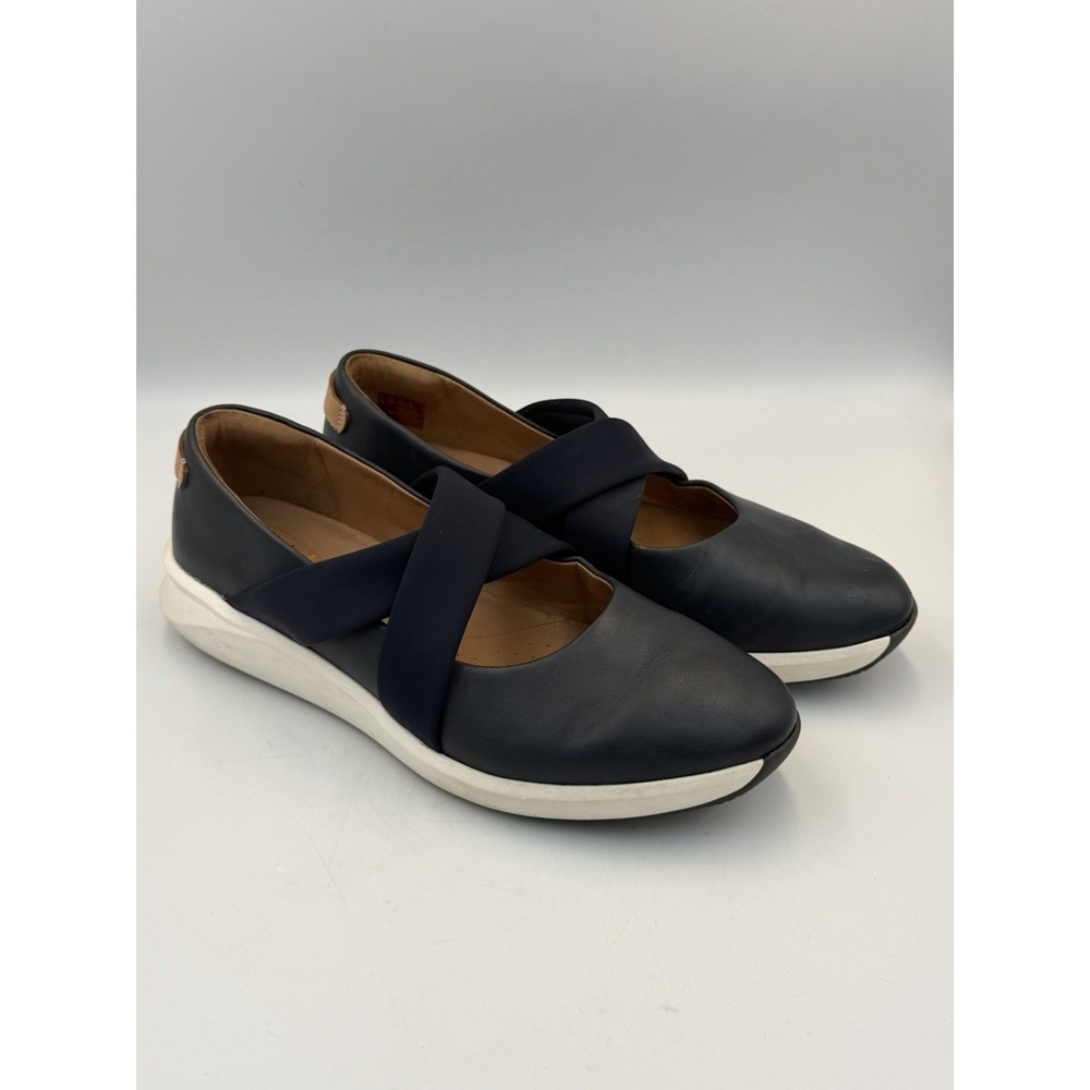 Clarks Unstructured Navy Leather Crisscross Slip On Comfort Shoes Women's 11M